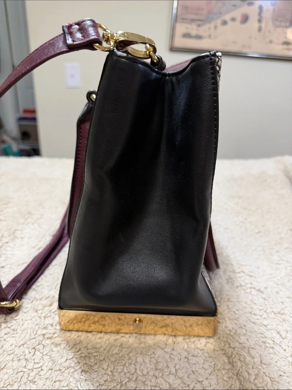 Aldo Burgundy and Beige Python-Pattern Satchel with Gold Accents